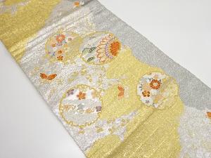 雪輪に鶴・蝶・草花模様織り出し　袋帯